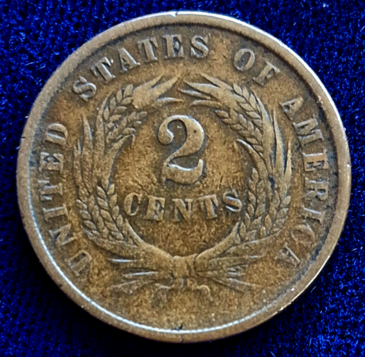 1864 2 Cent Piece Fine+ Features, Large Motto, Broadstrike Error, Civil War Era