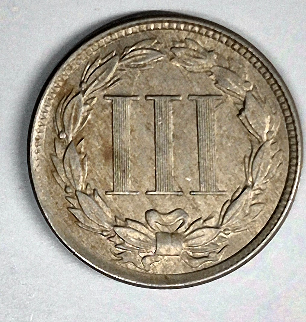1865 First Year 3 Cent Nickel Beautiful AU+ Features Full Liberty & Pillars