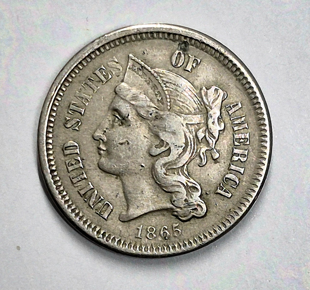 1865 First Year 3 Cent Nickel Extra Fine Features Full Liberty & Pillars