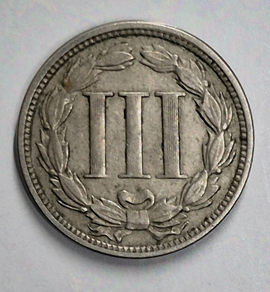1865 First Year 3 Cent Nickel Very Fine Features Full Liberty & 50% Pillars