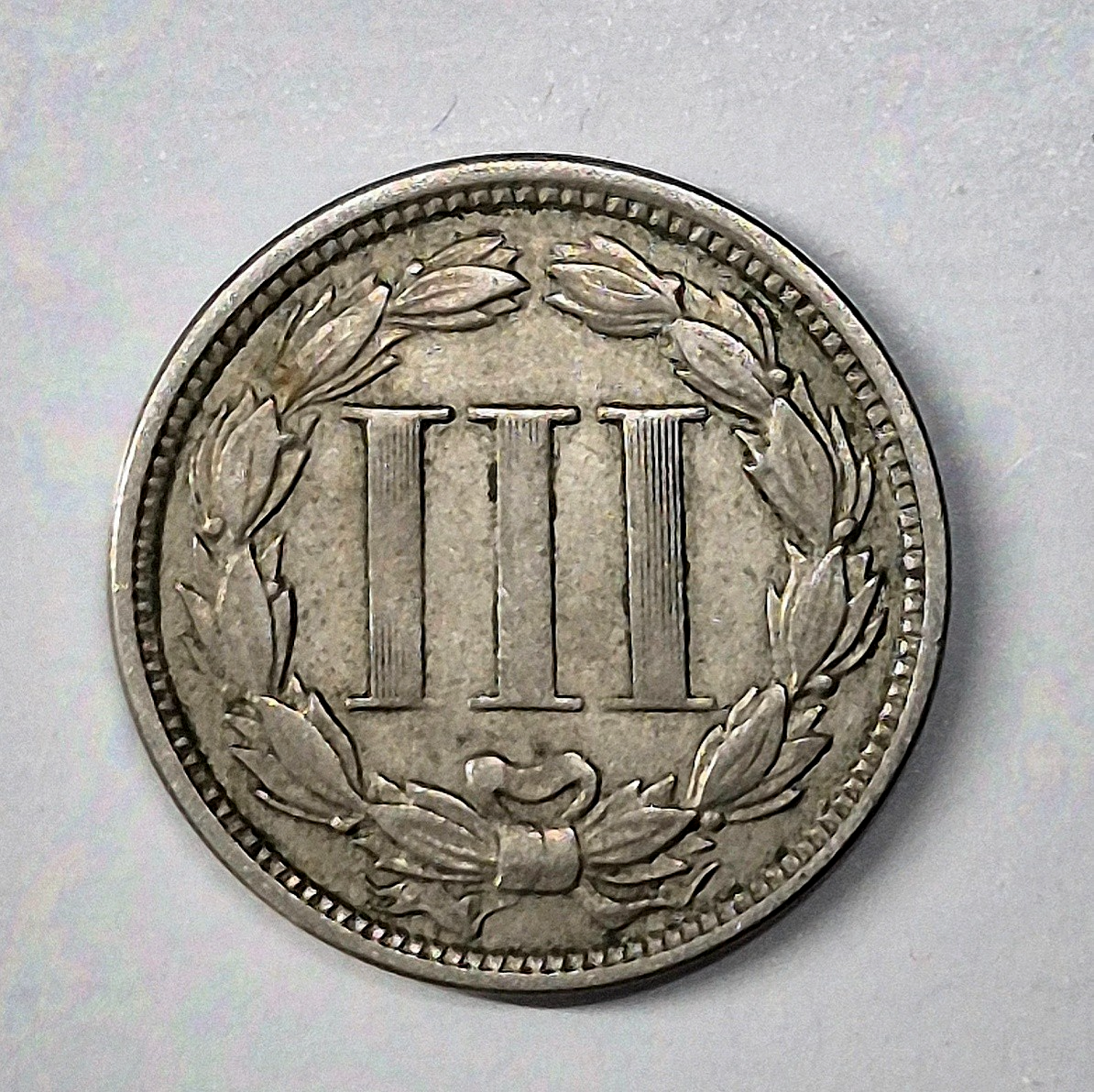 1865 First Year 3 Cent Nickel Very Fine Features Full Liberty & 50% Pillars