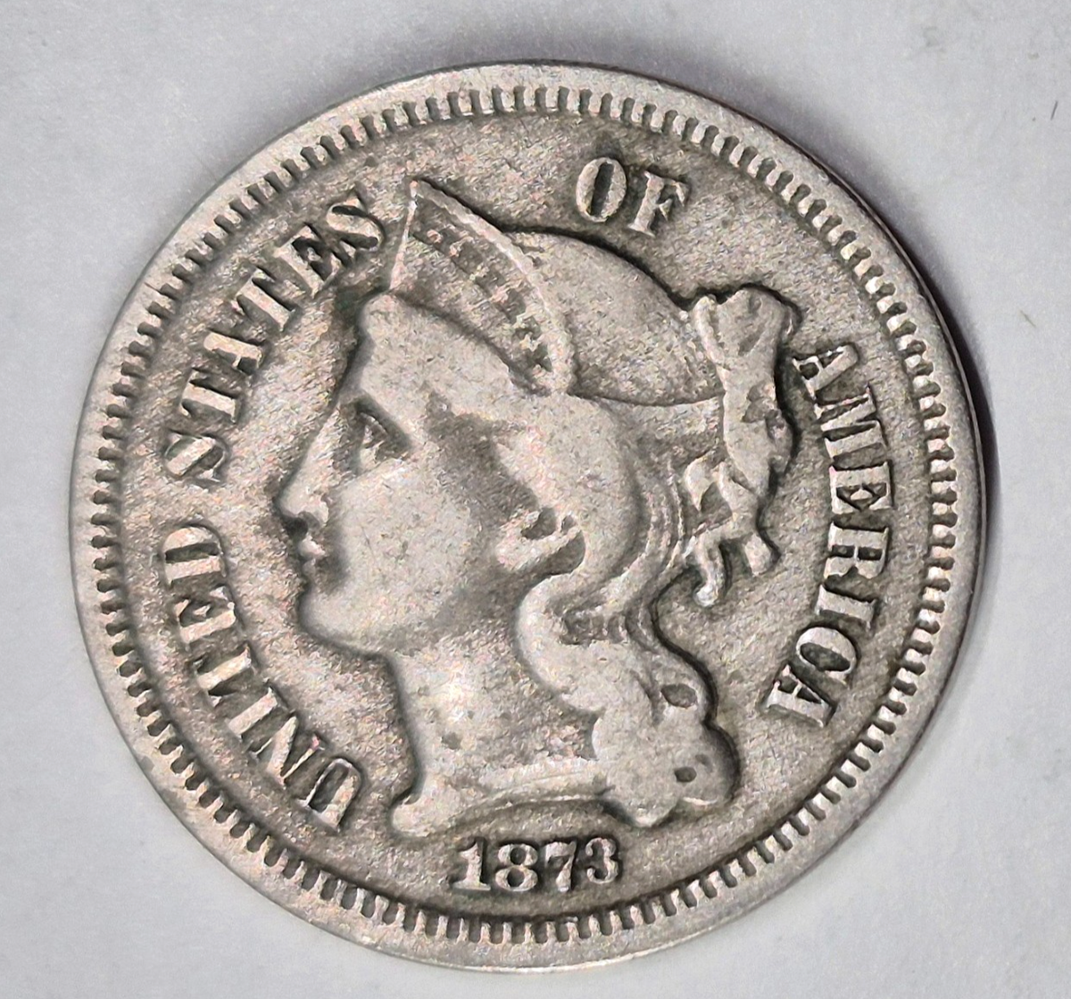 1873 3 Cent Nickel Very Good Features Open "3" Full Liberty Partial Pillars