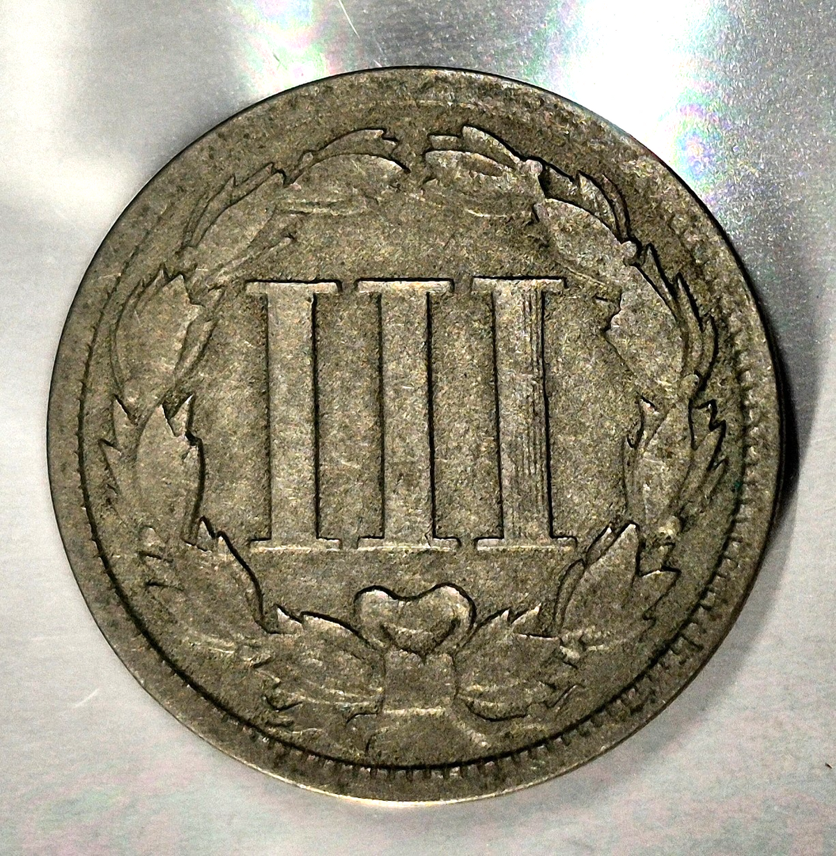 1868 3 Cent Nickel Good Features Full Liberty Partial Pillars Hole Filler US 3C