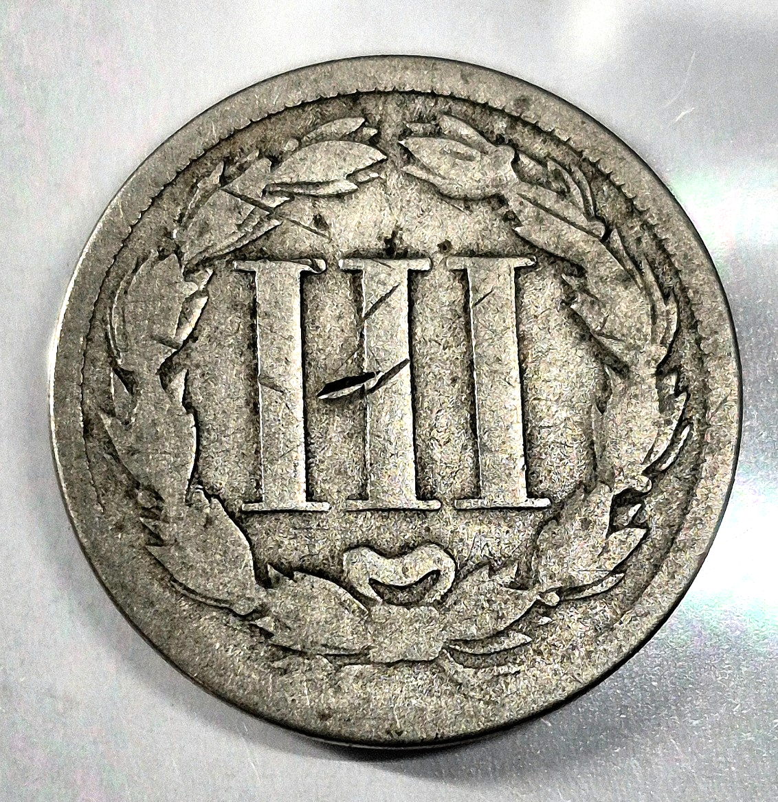 1868 3 Cent Nickel Good Features Full Liberty Partial Pillars Hole Filler US 3C