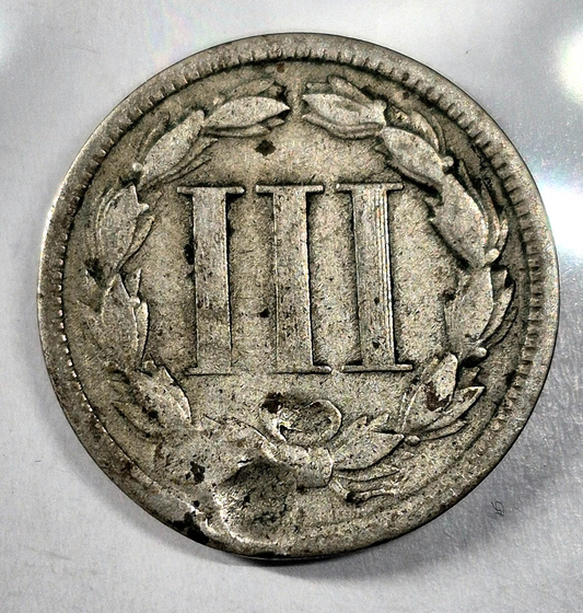 1868 3 Cent Nickel Good Features Full Liberty Partial Pillars Hole Filler US 3C