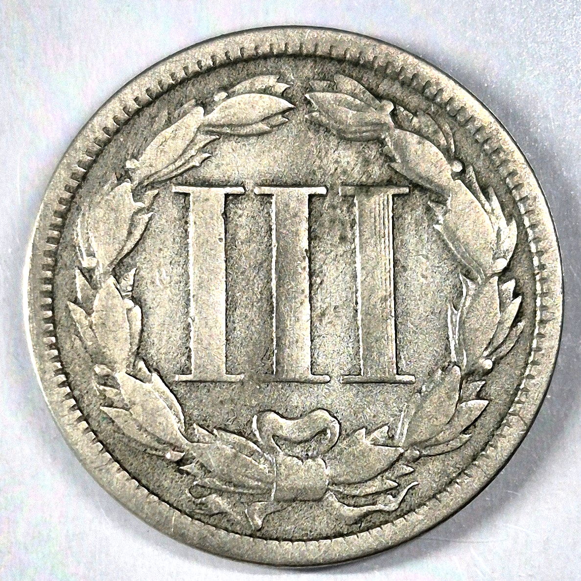 1868 3 Cent Nickel Very Good Features Full Liberty Partial Pillars US 3C
