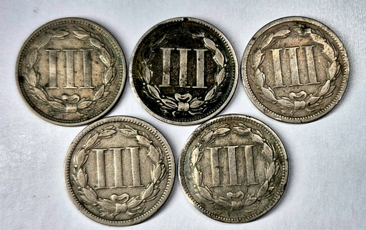 Lot (5) 1868 3 Cent Nickels G-VG Features Full Liberty Partial Pillars As Shown