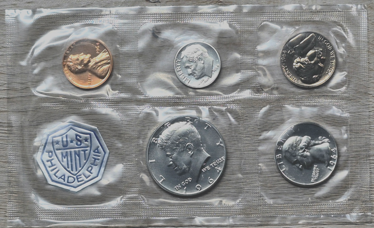 1964 US Mint Proof Set 5 Coins 90% Silver Original Cello Flat Pack