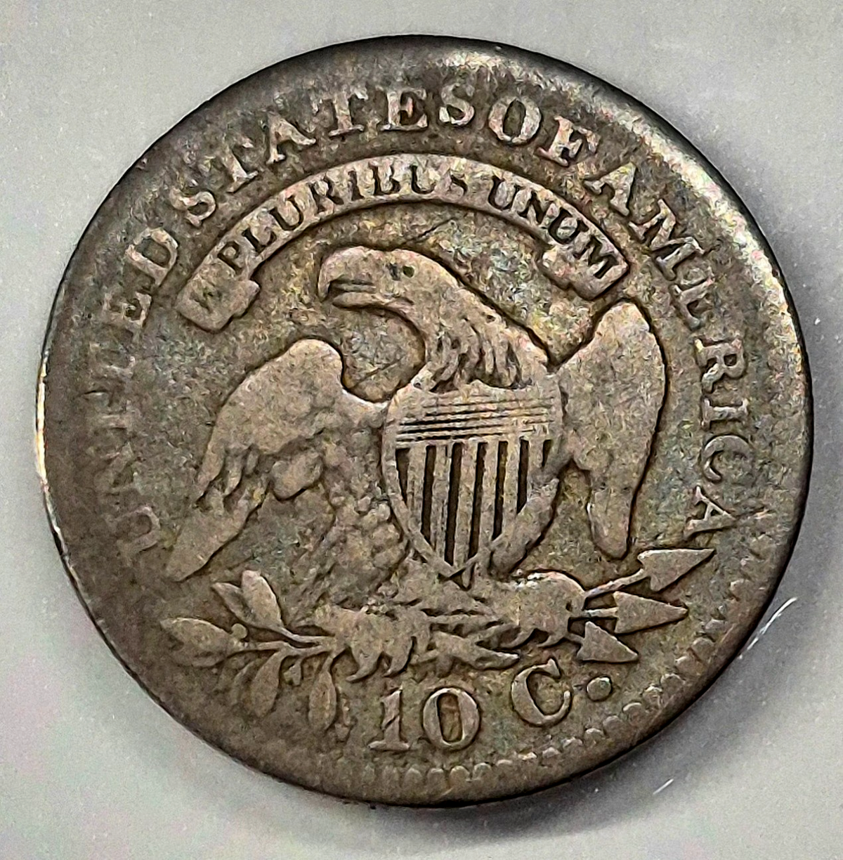 1821 Capped Bust US 90% Silver Dime 10c Coin Toned Fine+ Features W/Reeds