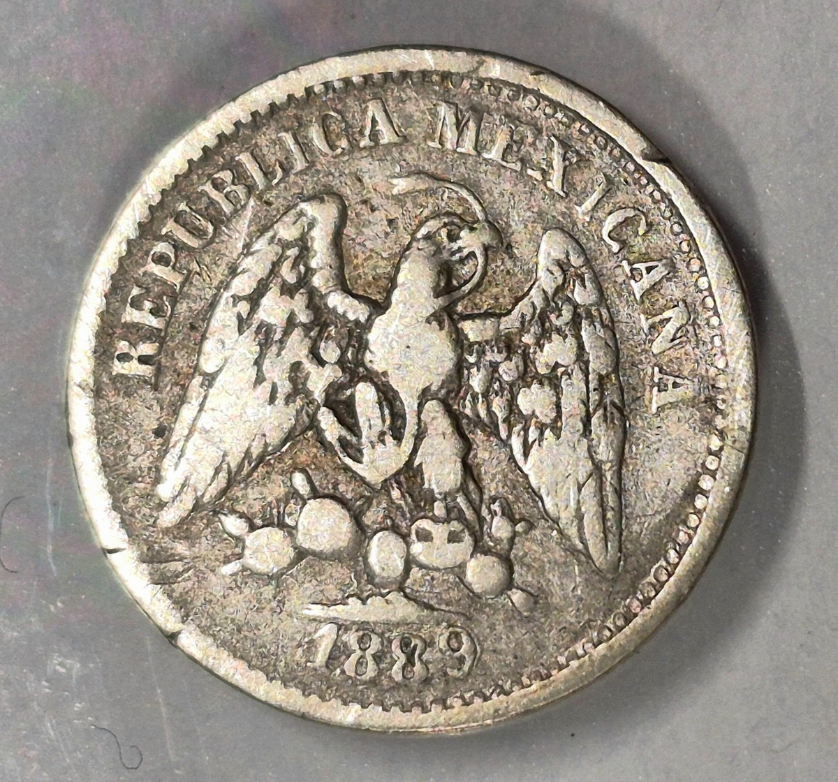 Mexico 1889-Mo, M 90% Silver 5 Centavos Toned KM# 398.7 Plata .9027