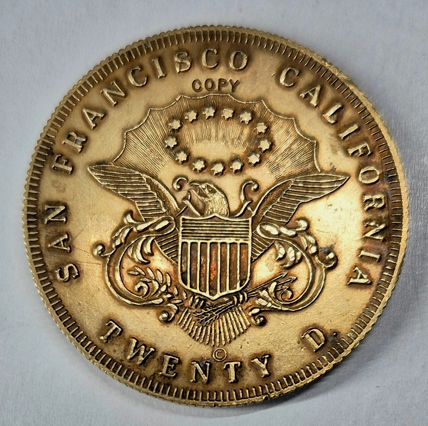 Vtg Kellogg & Co 1854 San Francisco California 20 Dollars Coin *Brass* Restrike