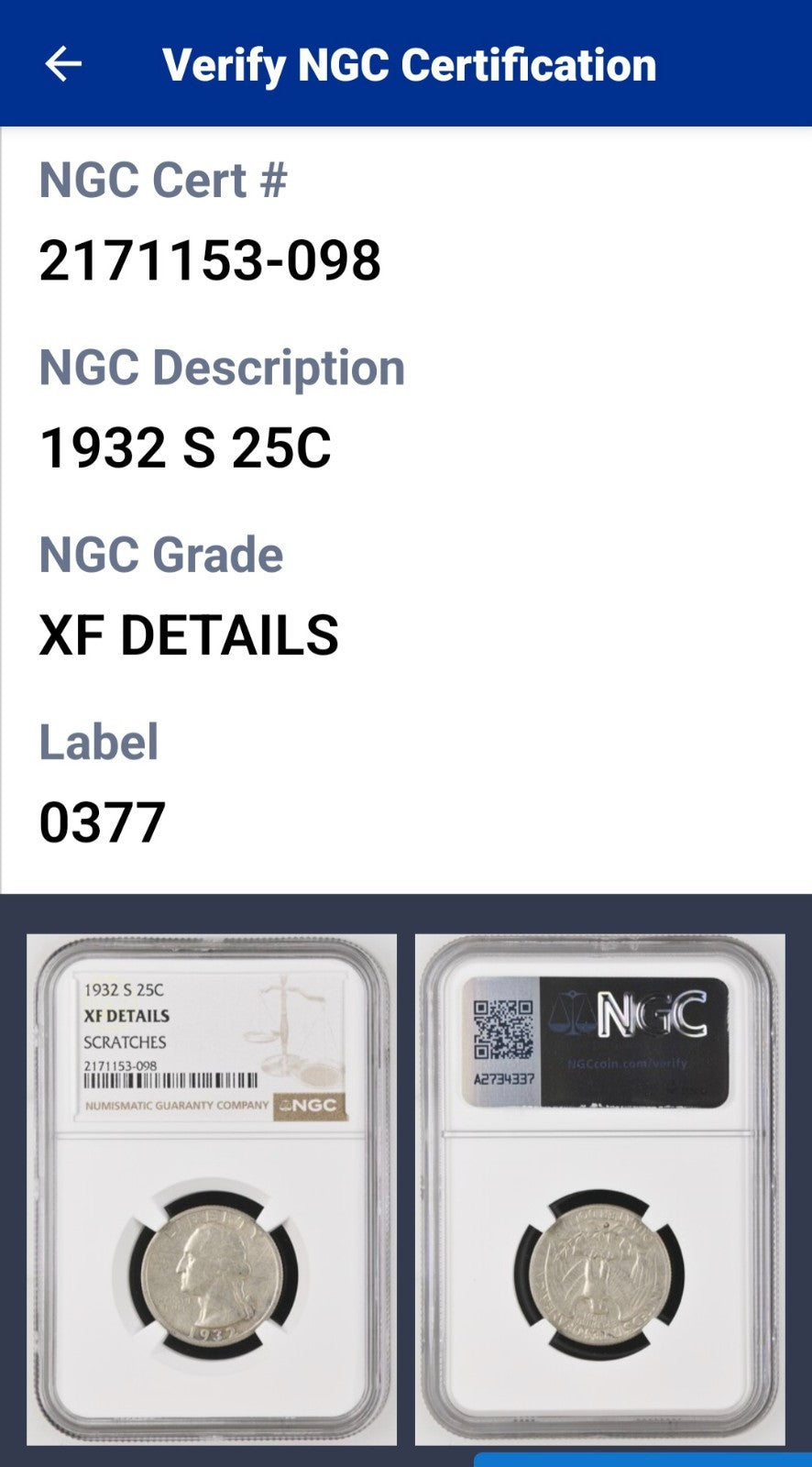 1932-D (MISLABELED) Washington 90% Silver Quarter NGC XF Details Super Key Date