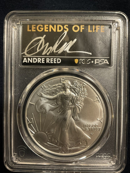 🏅🏅ANDRE REED 2021 $1 Silver Eagle Type 2 1oz PCGS MS70 FS Legends of Life🏅🏅