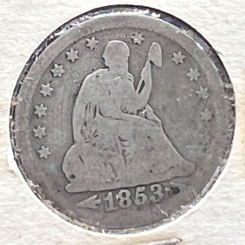 1853 Seated Liberty Quarter Arrows & Rays G Good 90% Silver Old Paper Flip 25C
