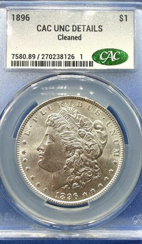 1896 Morgan Silver Dollar CAC UNC Details Cleaned Philadelphia Mint 90% Silver