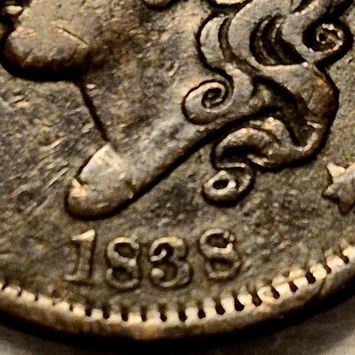 1838 Coronet Matron Head Large Cent F/VF Rim Bump 1C Copper Coin Shown
