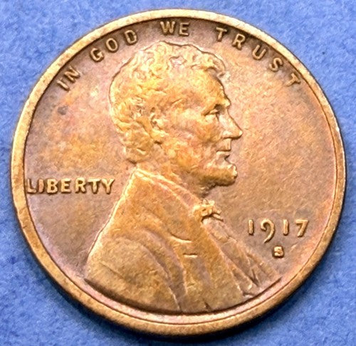1917-S Lincoln Wheat Cent XF Toned San Francisco Mint Penny Rainbow Reverse 1C