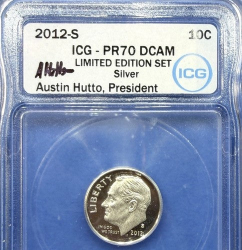 2012-S Roosevelt Silver Dime ICG PR70 DCAM Limited Edition Set Hutto Signed 10C