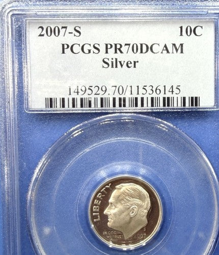 2007-S Roosevelt Silver Dime Proof PCGS PR70DCAM Perfect Deep Cameo 90% Silver