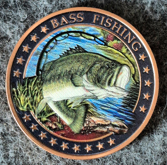 1oz Reverse Proof Bass Fishing .999 Copper Colorized Round US Flag Rod and Reel