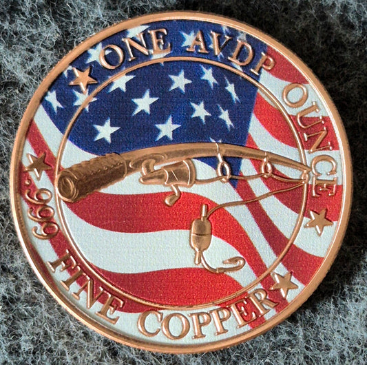 1oz Reverse Proof Bass Fishing .999 Copper Colorized Round US Flag Rod and Reel