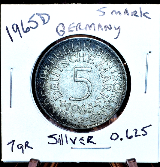 1965 D Silver Germany Republic 5 Mark Eagle Coin🔥7G .625 Silver🔥 AU Details