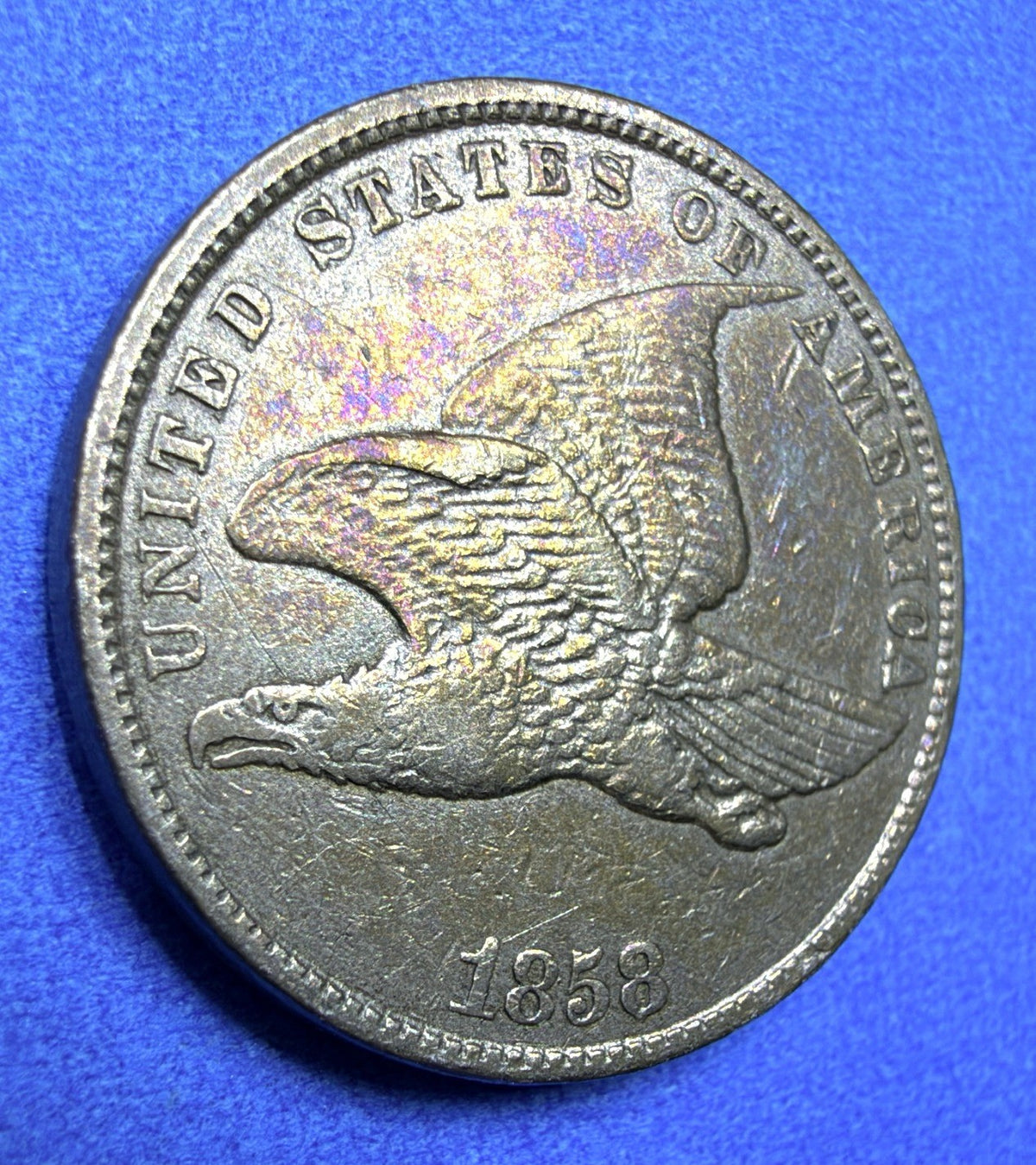 1858 Flying Eagle Cent XF Rainbow Toner Purple Gold Large Letters Low Leaves?