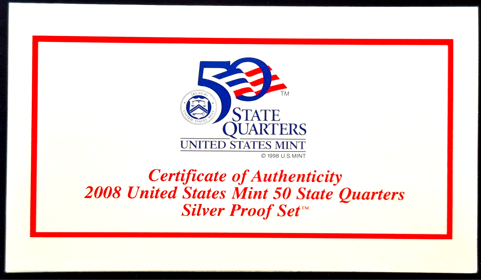 2008 S ATB PROOF SILVER STATE QUARTERS SET OK, NM , AZ, AK & HI WITH BOX & COA
