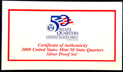2008 S ATB PROOF SILVER STATE QUARTERS SET OK, NM , AZ, AK & HI WITH BOX & COA