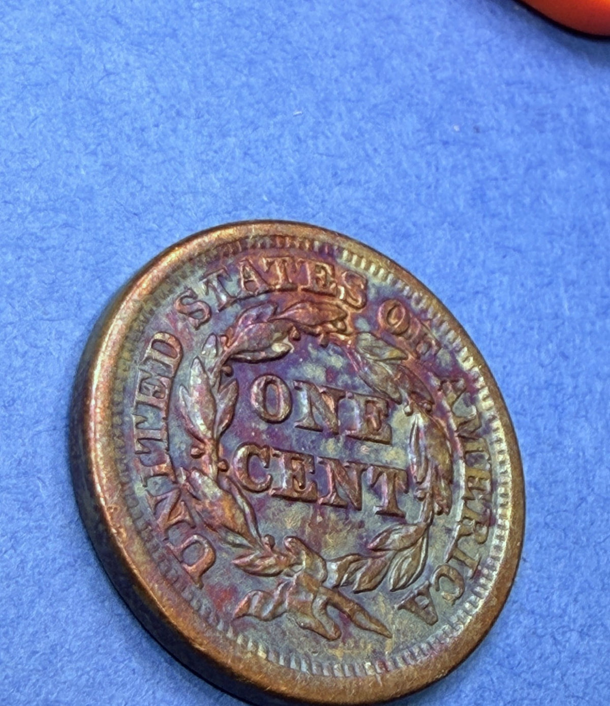 1854 Braided Hair Large Cent 1C XF Super Rainbow Toner Blue Peach Purple Toning