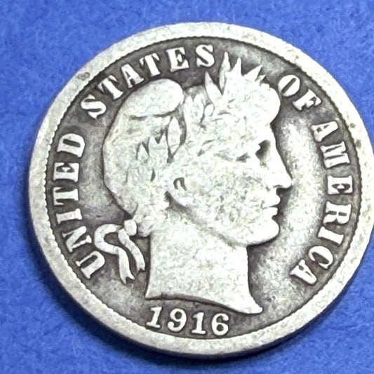 1916 Barber Dime 10C VG Very Good 90% Silver Philadelphia Liberty Head US Coin