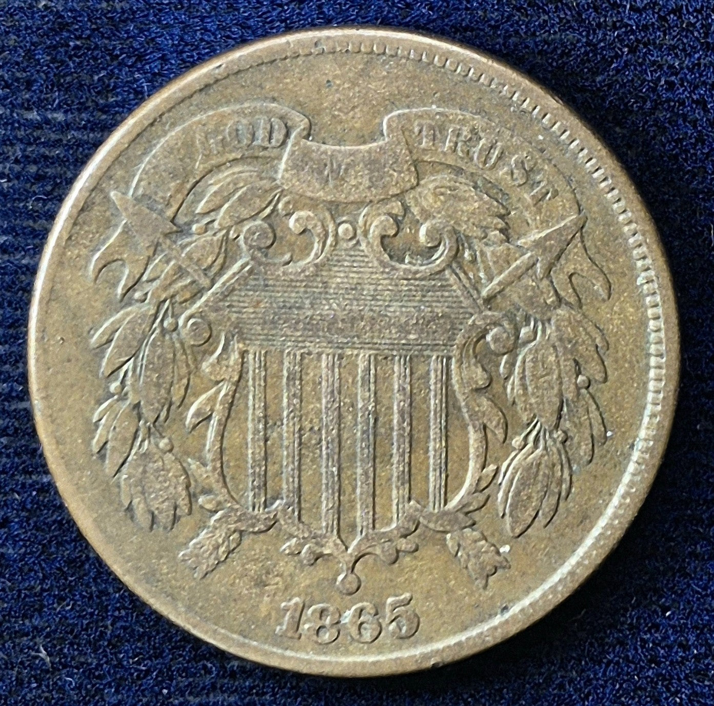 1865 2 Cent Piece Strong VF++ Features, Elusive Faint "We", First Coin W/Motto