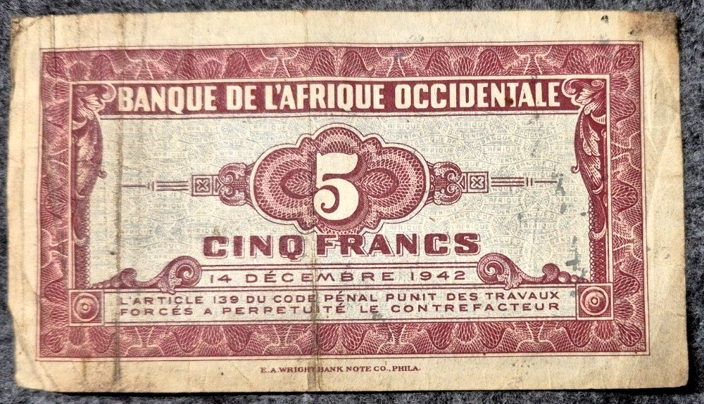 1942 French West Africa 5 Francs Banknote P-28b WWII E.A. Wright Printing Fine