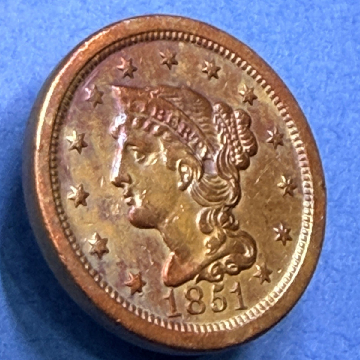 1851 Braided Hair Large Cent 1C XF-AU Rainbow Toned Copper Penny US Coin