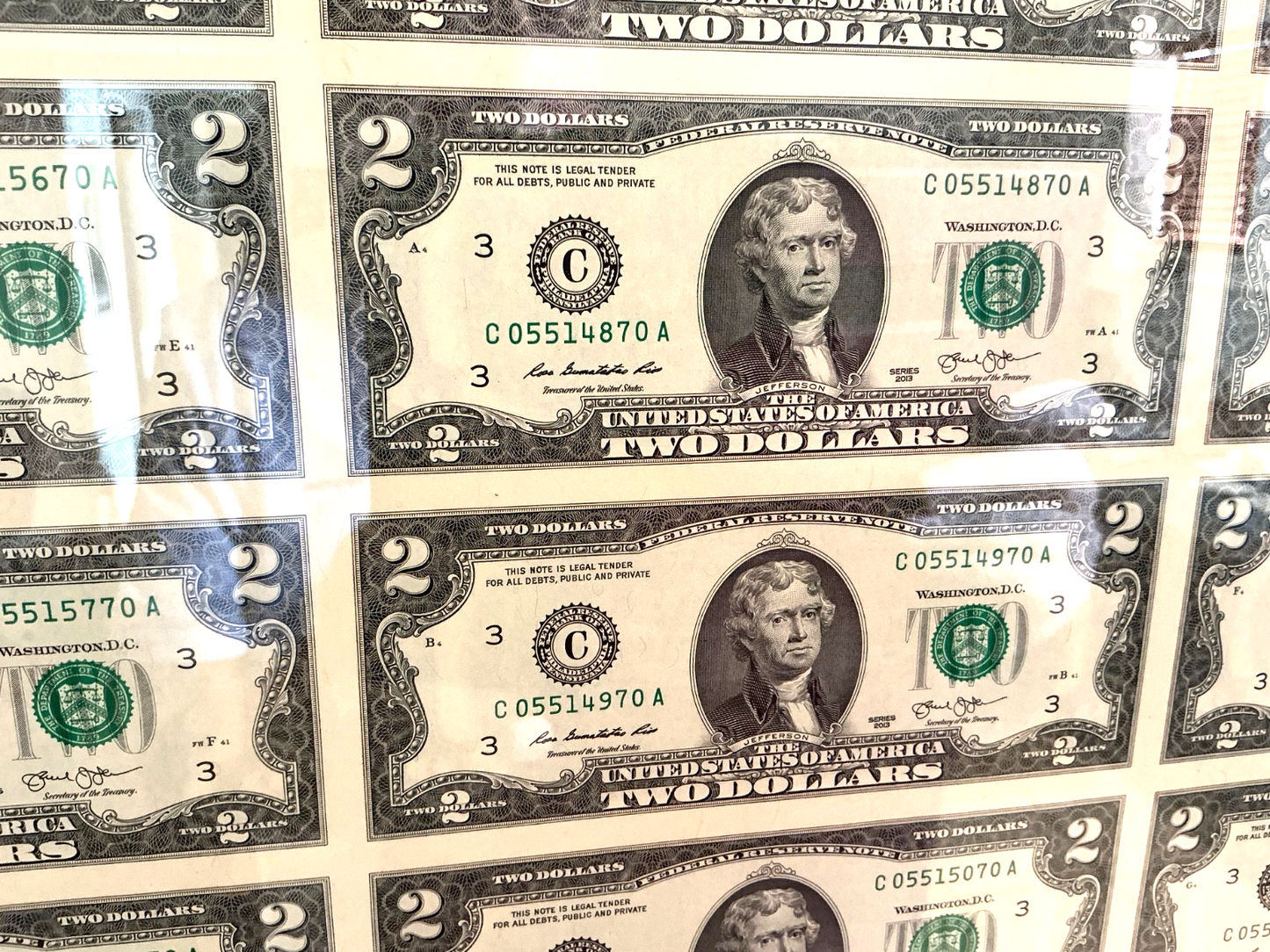 32 ~ $2 Dollar Bills Uncut Sheet Professionally Framed Series 2013 UNCIRCULATED