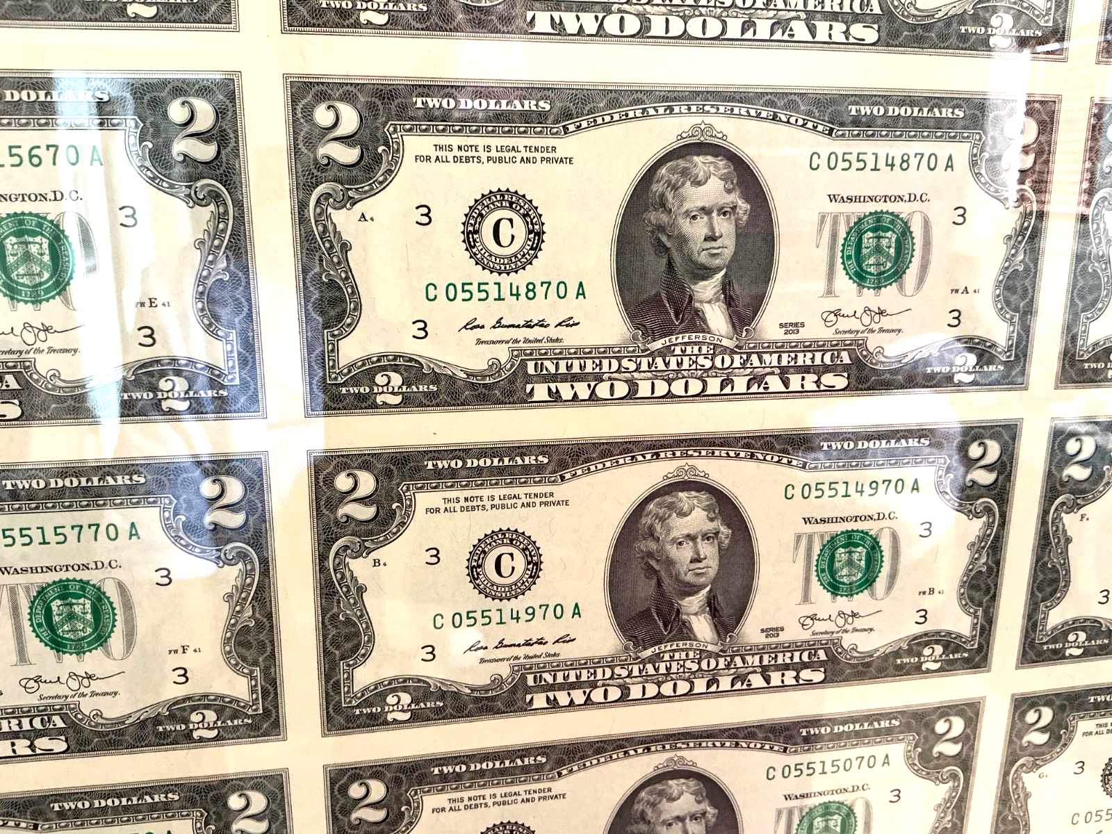 32 ~ $2 Dollar Bills Uncut Sheet Professionally Framed Series 2013 UNCIRCULATED