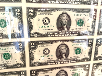 32 ~ $2 Dollar Bills Uncut Sheet Professionally Framed Series 2013 UNCIRCULATED