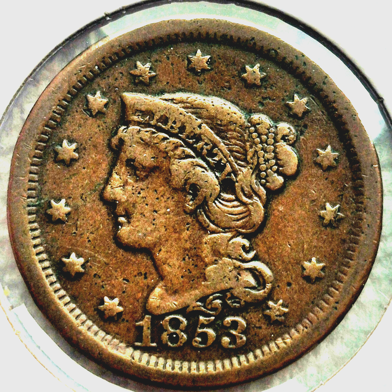 1853 Braided Hair Large Cent Sharp VF Features N24 R2 Full Liberty Rich Brown 1C