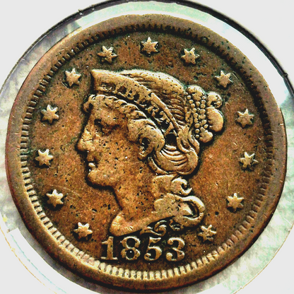 1853 Braided Hair Large Cent Sharp VF Features N24 R2 Full Liberty Rich Brown 1C