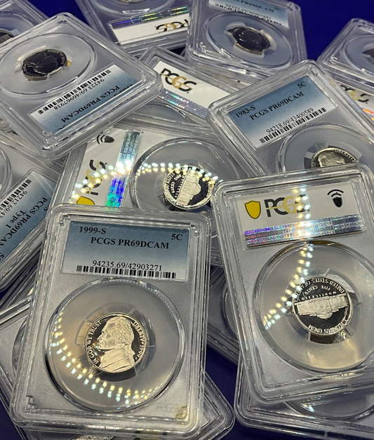 Lot of 5 -Jefferson Nickels PROOF COINS🔥 PCGS ONLY PR69DCAM💰 25+ Years Old  ✅
