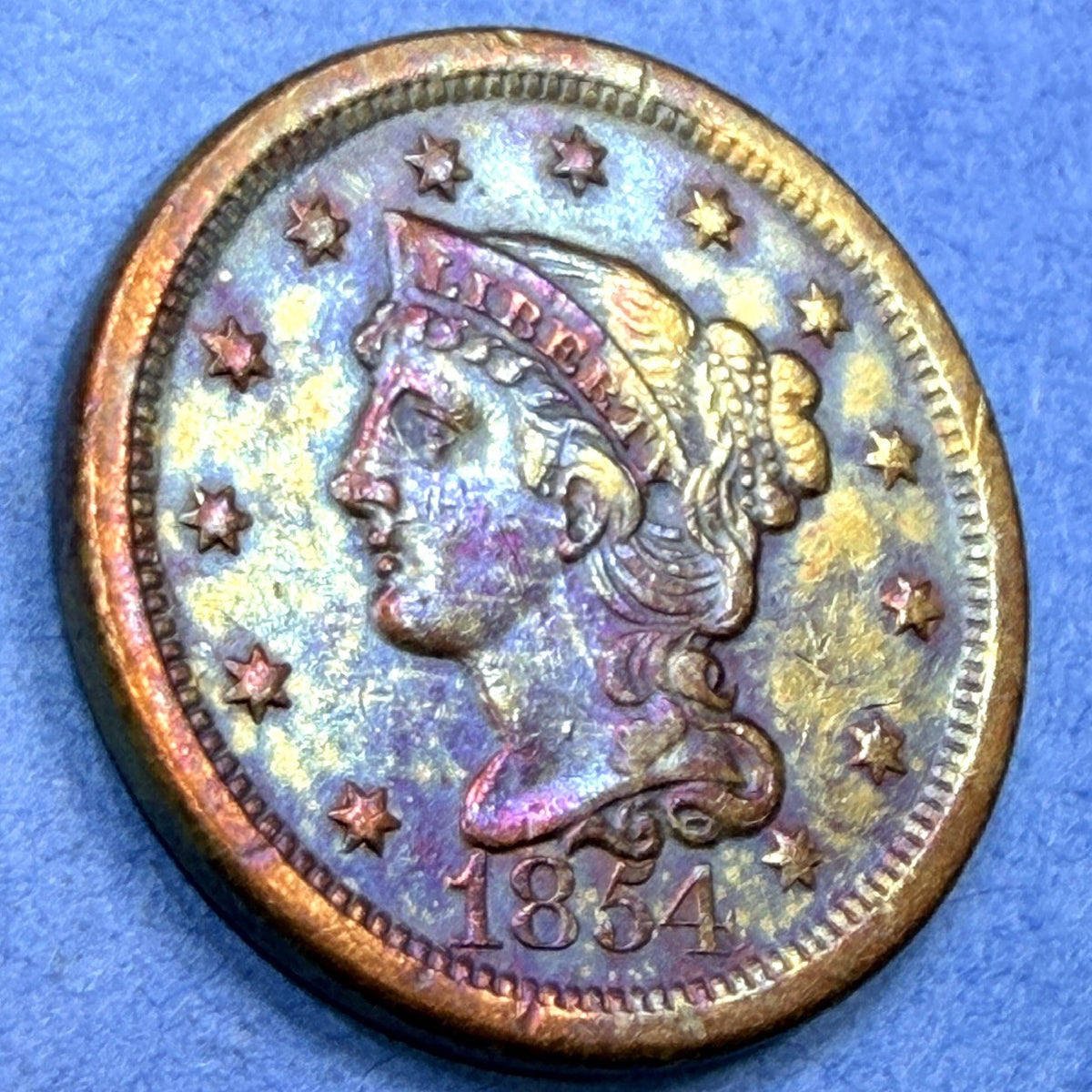 1854 Braided Hair Large Cent 1C XF Super Rainbow Toner Blue Peach Purple Toning