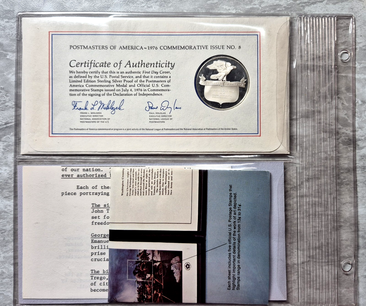 1976 Postmasters of America Declaration of Independence Sterling Proof Medal FDC
