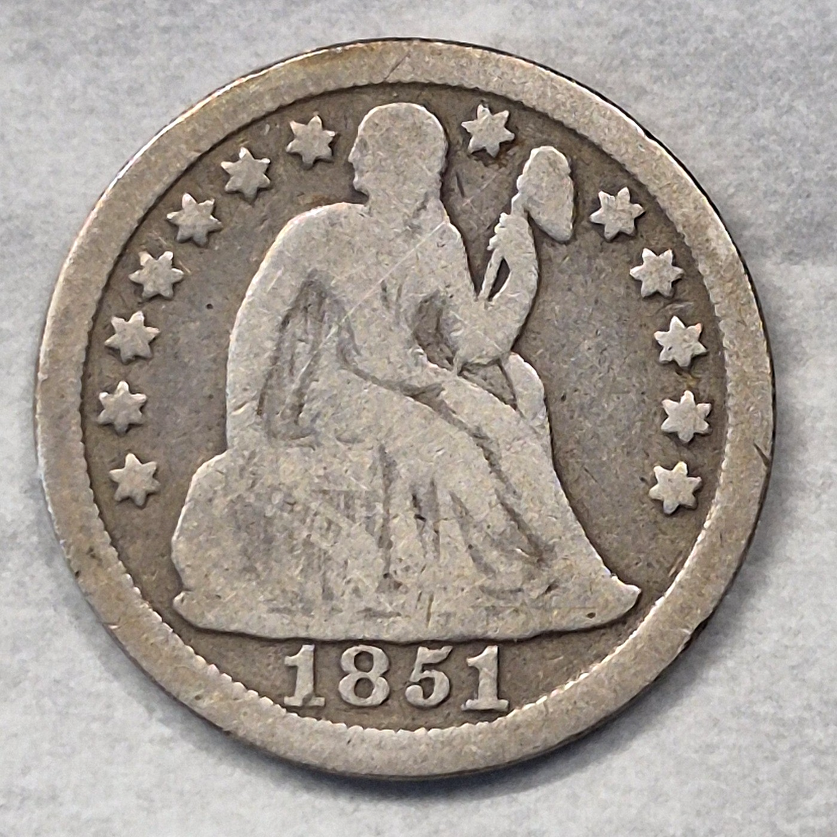 1851 Seated Liberty Dime 10C Philadelphia 90% Silver Pre-Civil War Good+