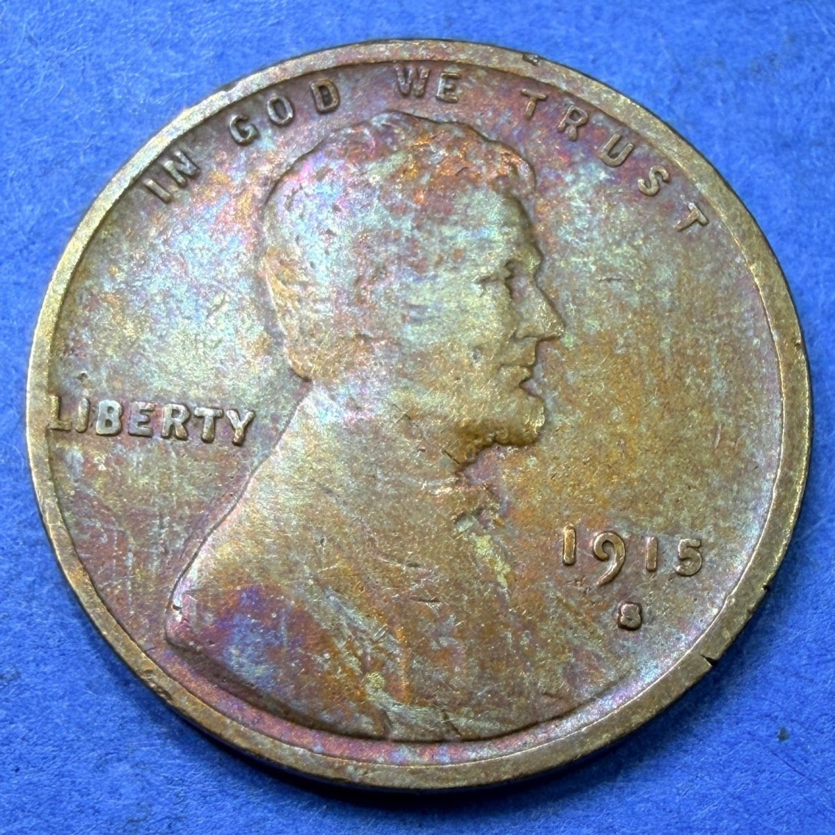 1915-S Lincoln Wheat Cent 1C VF Rainbow Toned Toner Semi Key Date San Francisco