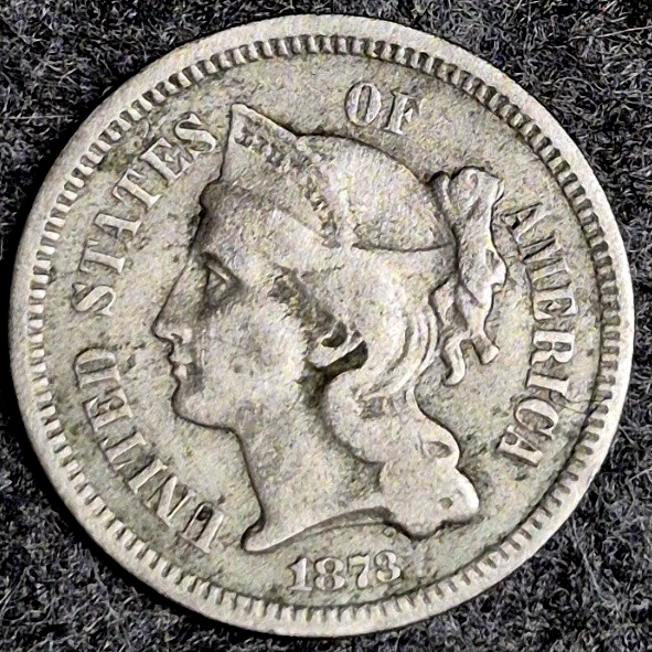 1873 Three Cent Nickel Closed 3 VF Very Fine Raw US 3C Coin