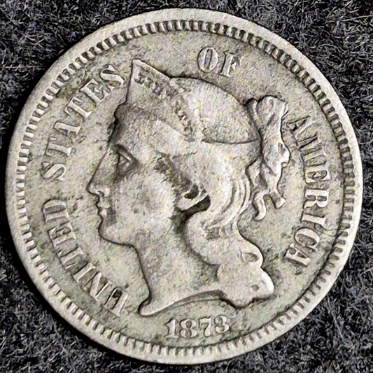 1873 Three Cent Nickel Closed 3 VF Very Fine Raw US 3C Coin
