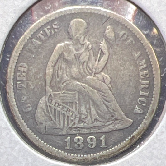 1891 Liberty Seated Dime 90% Silver 10c Coin Full Liberty Very Fine+ Last Year