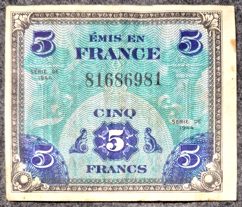 1944 France 5 Francs Allied Military Currency WWII Flag Banknote Emis en France