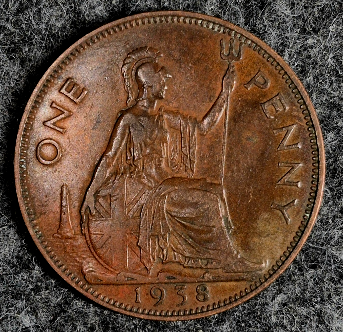 1938 United Kingdom UK Great Britain One 1 Penny Beautiful Actual Coin KM-845