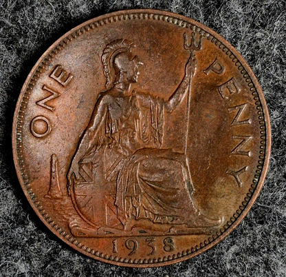 1938 United Kingdom UK Great Britain One 1 Penny Beautiful Actual Coin KM-845